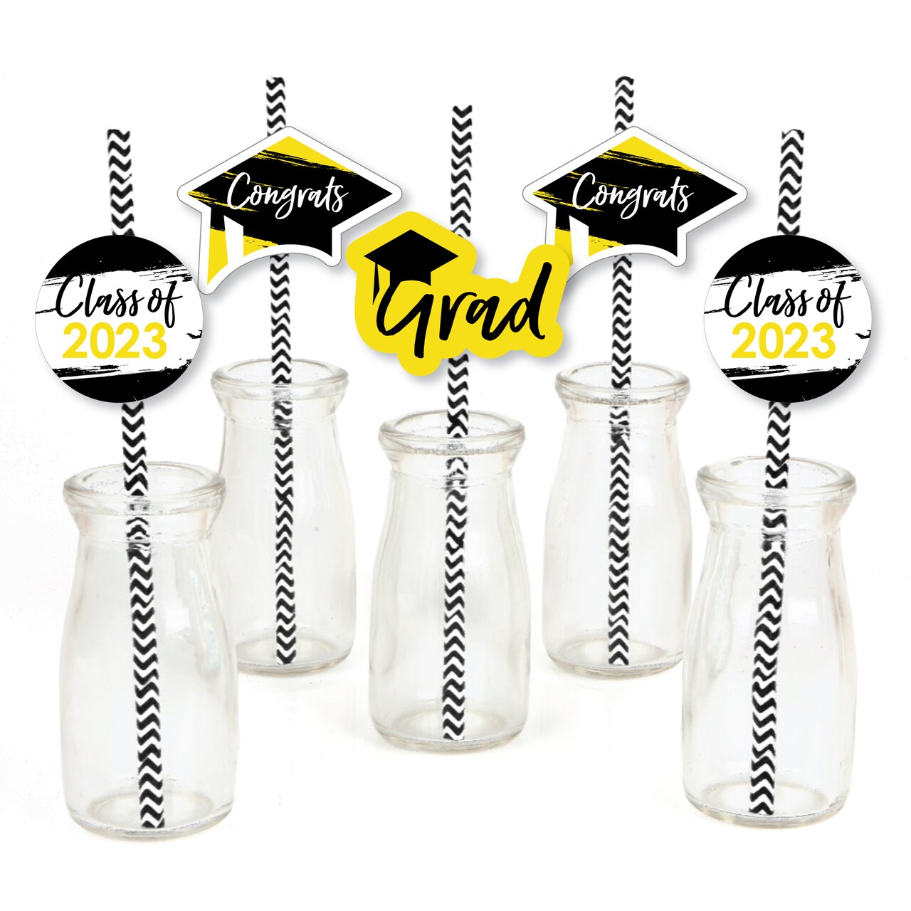 Big Dot of Happiness Yellow Grad - Best is Yet to Come - Paper Straw Decor - Yellow 2023 Graduation Party Striped Decorative Straws - Set of 24